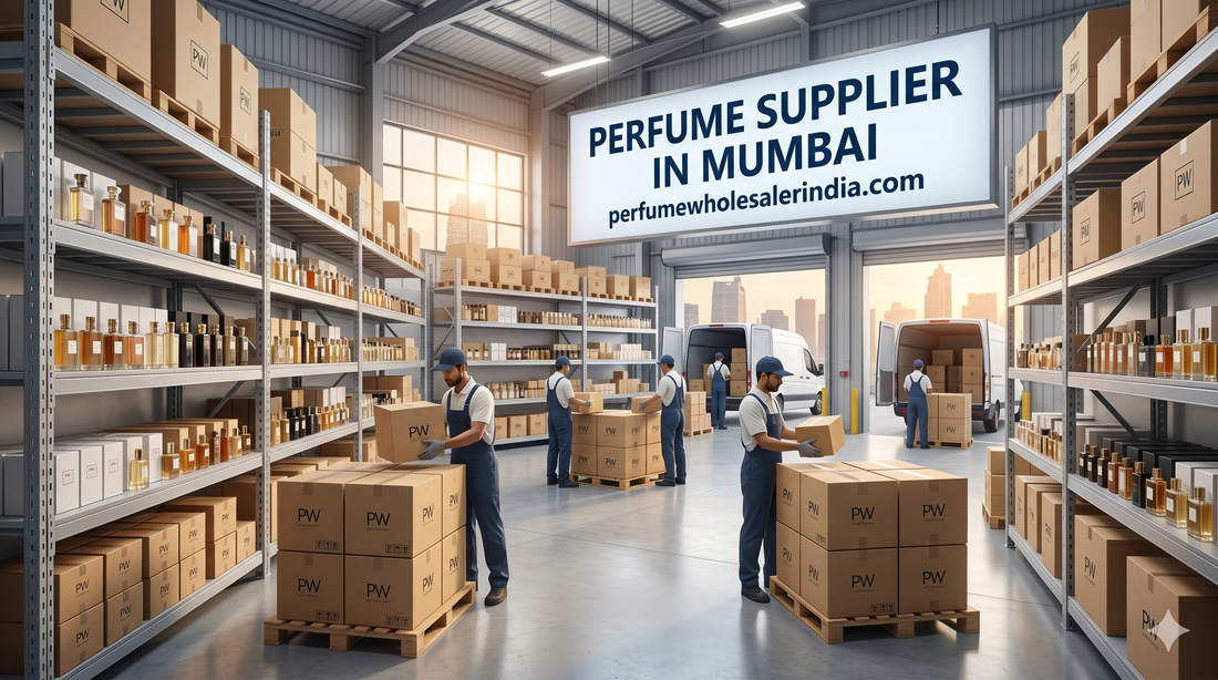 Wholesale perfume supplier in Mumbai displaying premium fragrance bottles and attar collections